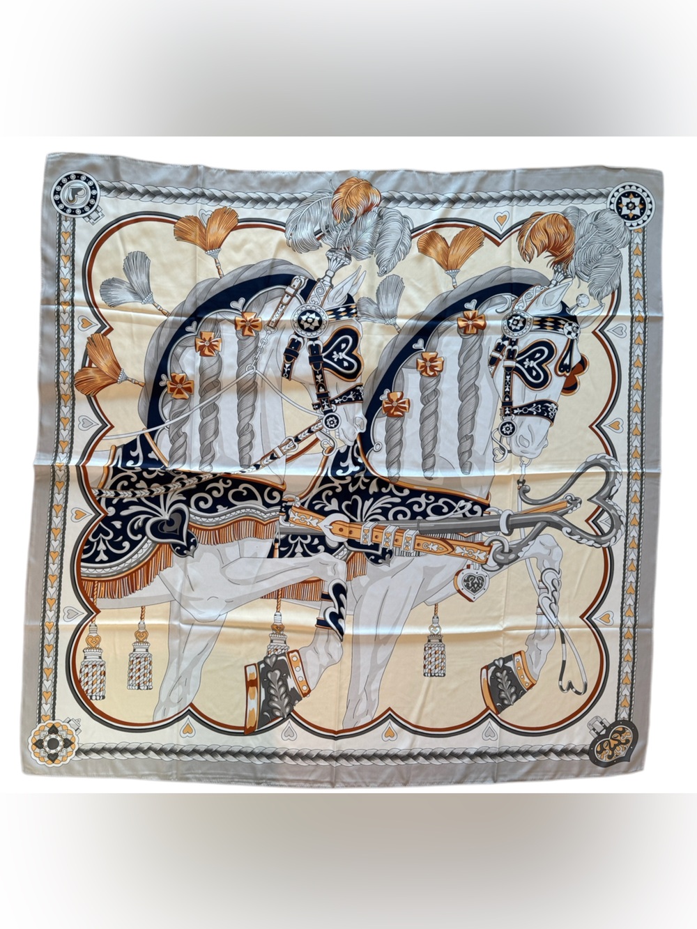 Luxury Silk 130cm Printed Square Scarf in Cream, Navy & Gold